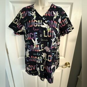 Disney Tinkerbell Black and White Graphic Scrub Top Size Medium